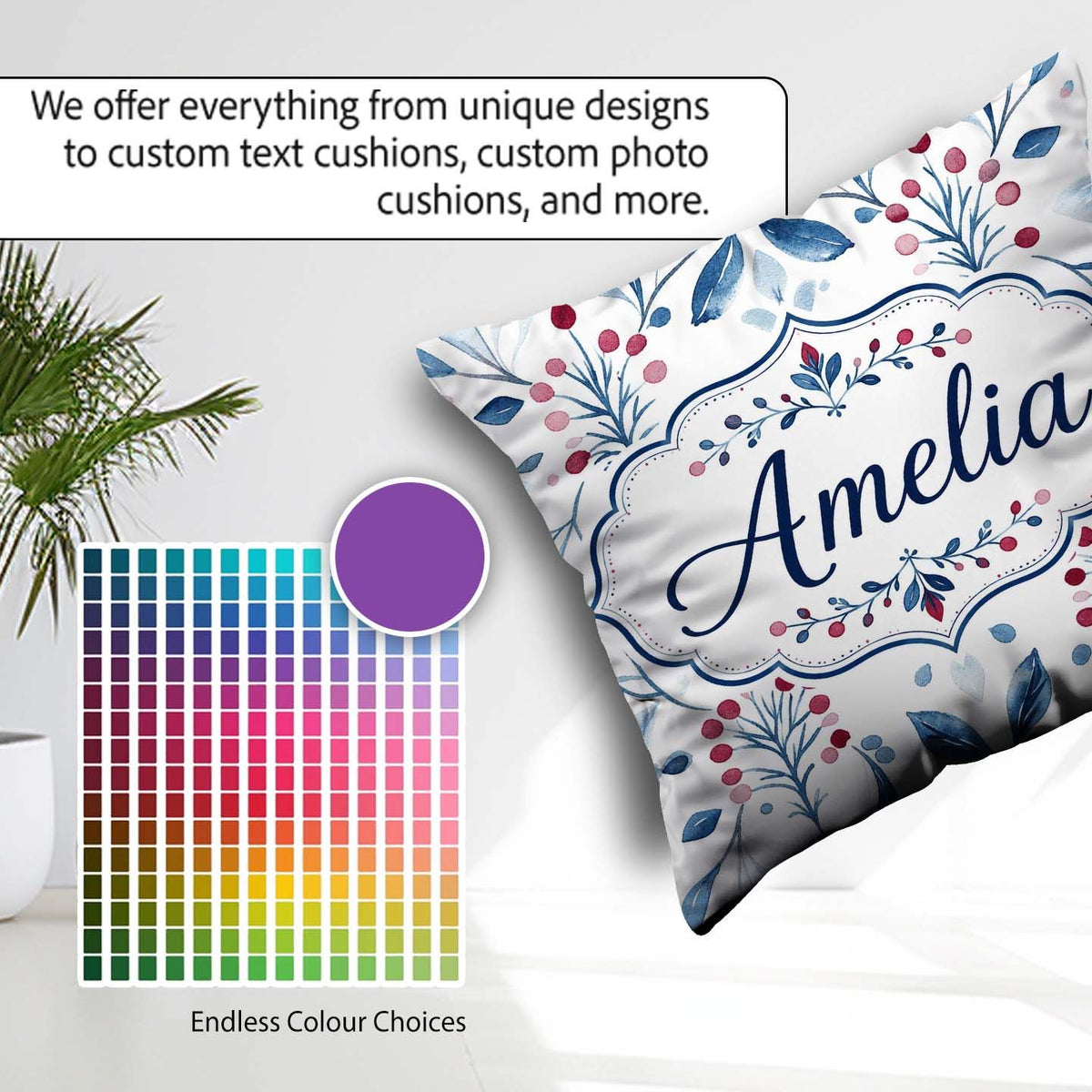 Custom Name Blue Red Berry Botanical Folk Art Seamless Name Cute Square Filled Cushion Throw Pillow Sofa Bed Home Decor Zip Washable UK Made