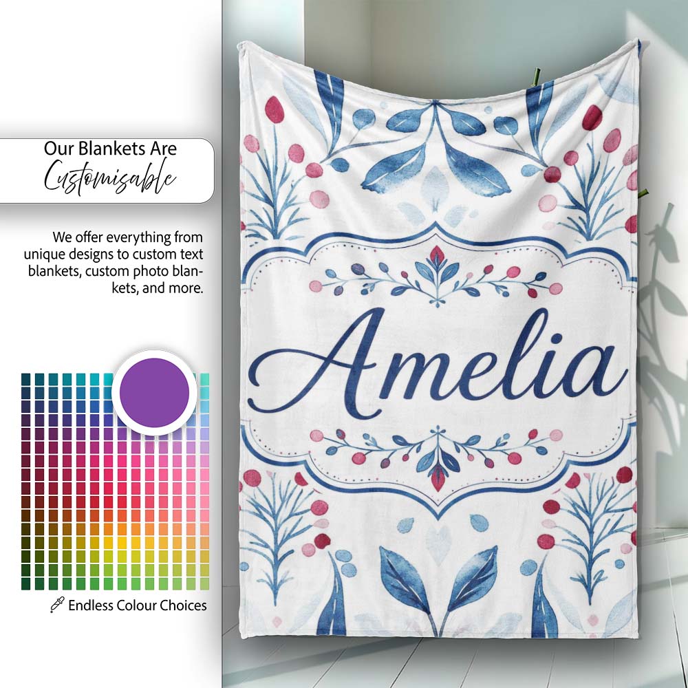 Blue Red Berry Botanical Folk Art Seamless Pattern Name Cute Unique Personalised Custom Name Super Soft Fleece Blanket Bed Sofa Throw