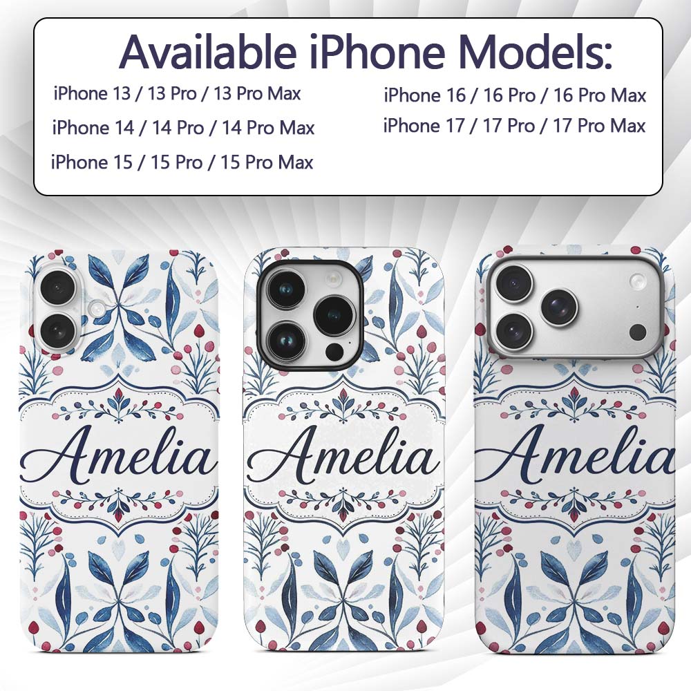 Blue Red Berry Botanical Folk Art Printed Design Custom Name Protective Phone Case Mobile Cover Durable Everyday Smartphone Shock Resistant