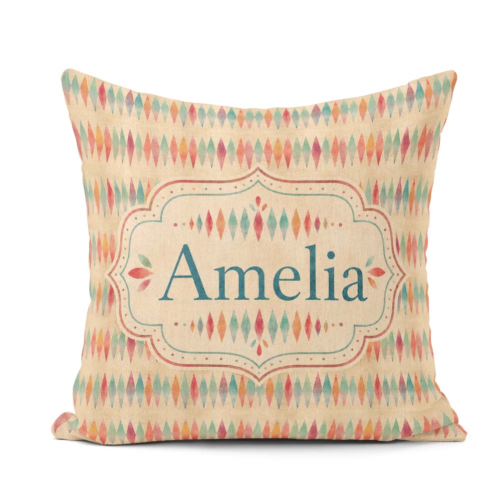 Custom Name Colorful Geometric Diamond Ikat Style Seamless Name Square Filled Cushion Throw Pillow Sofa Bed Home Decor Zip Washable UK Made