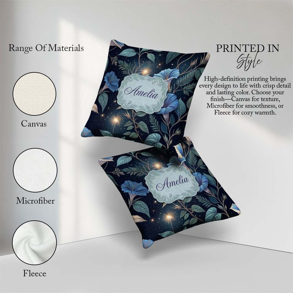 Custom Name Blue Floral Night Sky Botanical Stars Pattern Lovely Square Filled Cushion Throw Pillow Sofa Bed Home Decor Zip Washable UK Made