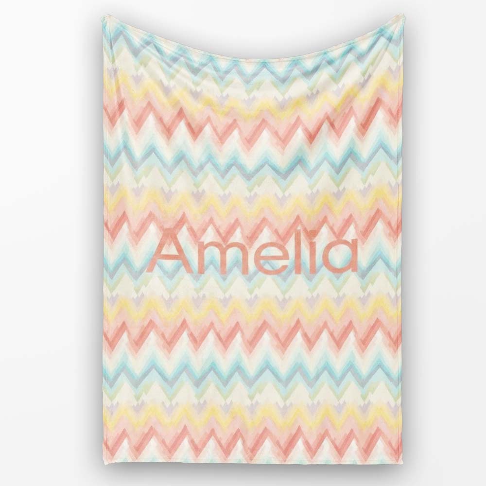 Pastel Chevron Zigzag Watercolor Seamless Pattern Name Cute Unique Personalised Custom Name Super Soft Fleece Blanket Bed Sofa Throw