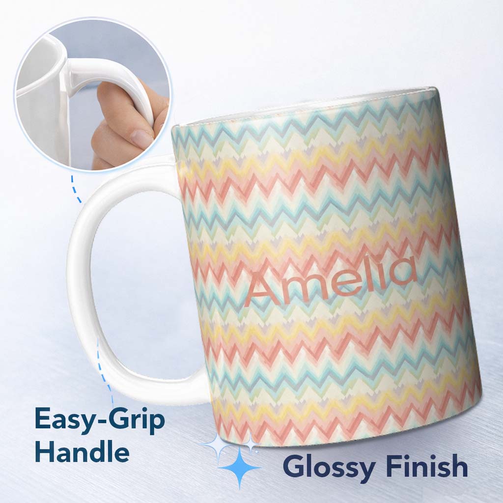 Personalized Custom Name Pastel Chevron Zigzag Watercolor Seamless Pattern Name Cute Unique 11oz Ceramic Coffee Tea Mug White Large Handle