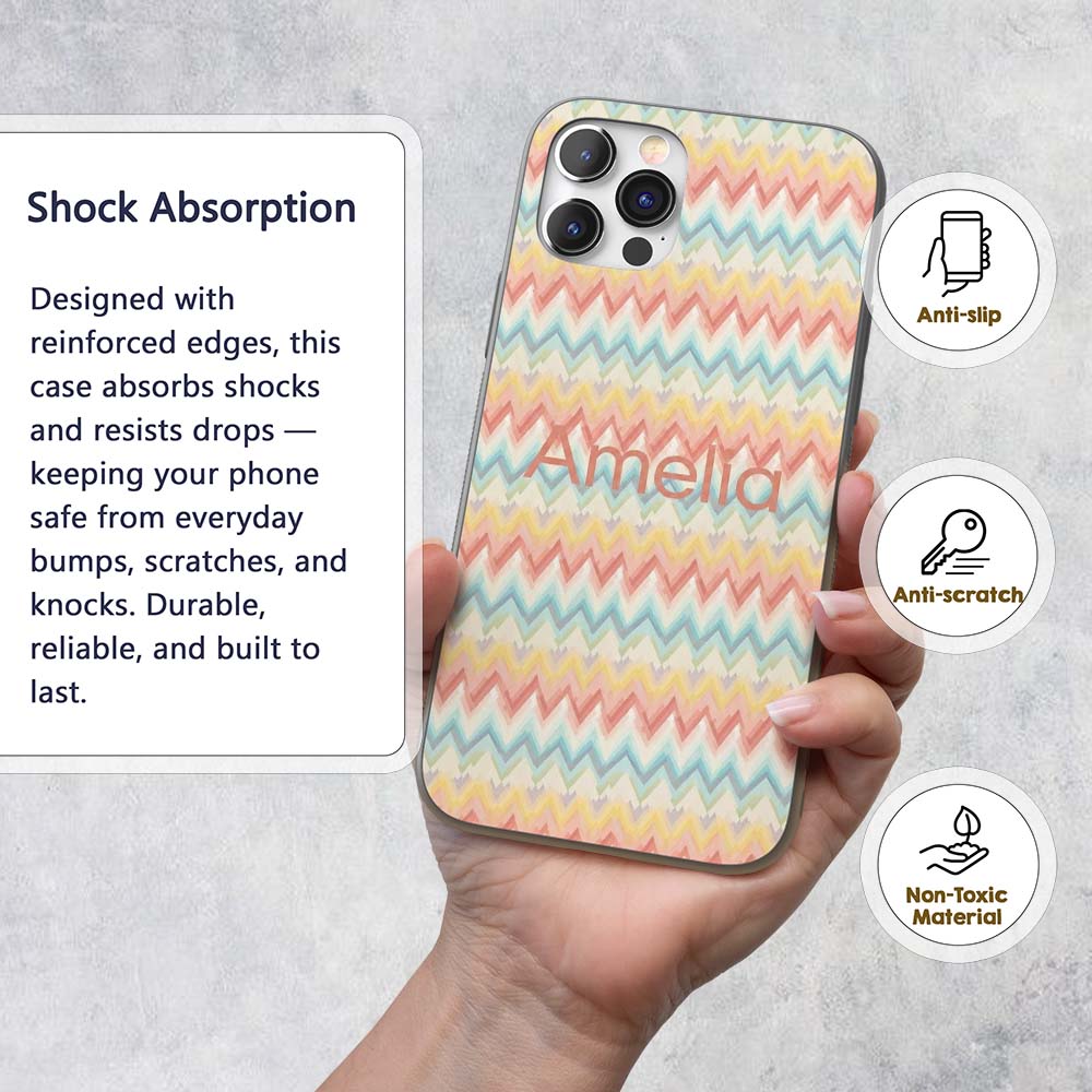 Pastel Chevron Zigzag Watercolor Seamless Pattern Custom Name Protective Phone Case Mobile Cover Durable Everyday Smartphone Shock Resistant