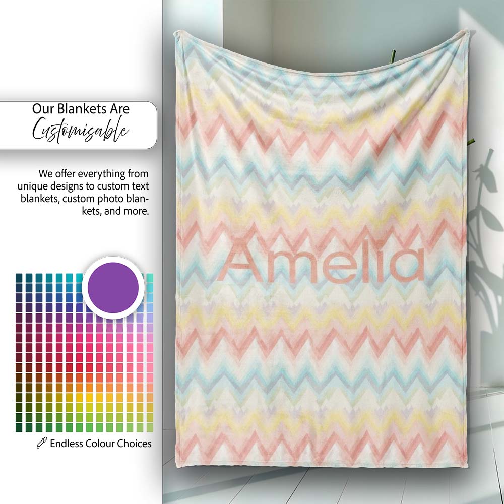Pastel Chevron Zigzag Watercolor Seamless Pattern Name Cute Unique Personalised Custom Name Super Soft Fleece Blanket Bed Sofa Throw