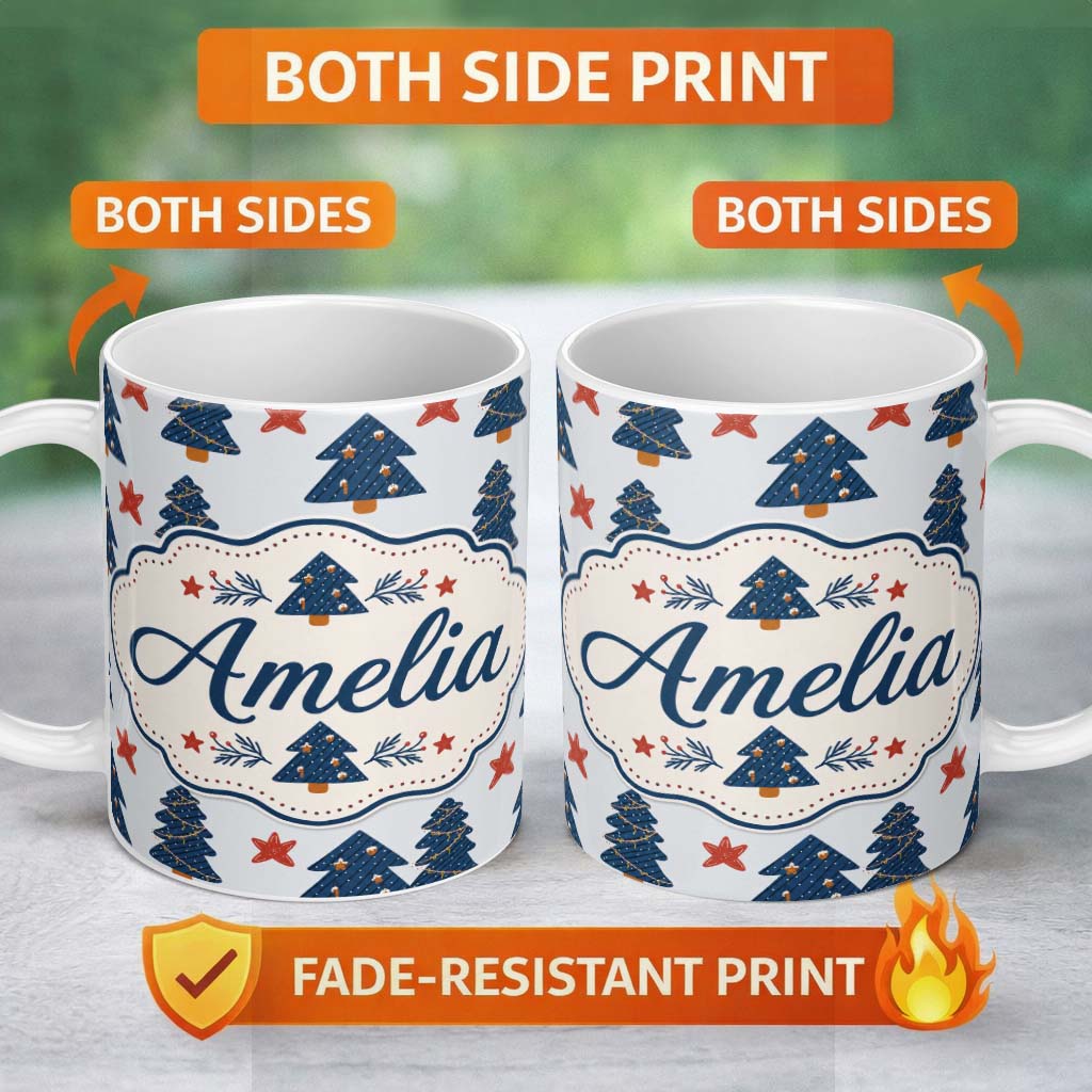 Personalized Custom Name Navy Blue Christmas Trees Red Stars Festive Seamless Pattern Lovely 11oz Ceramic Coffee Tea Mug White Large Handle