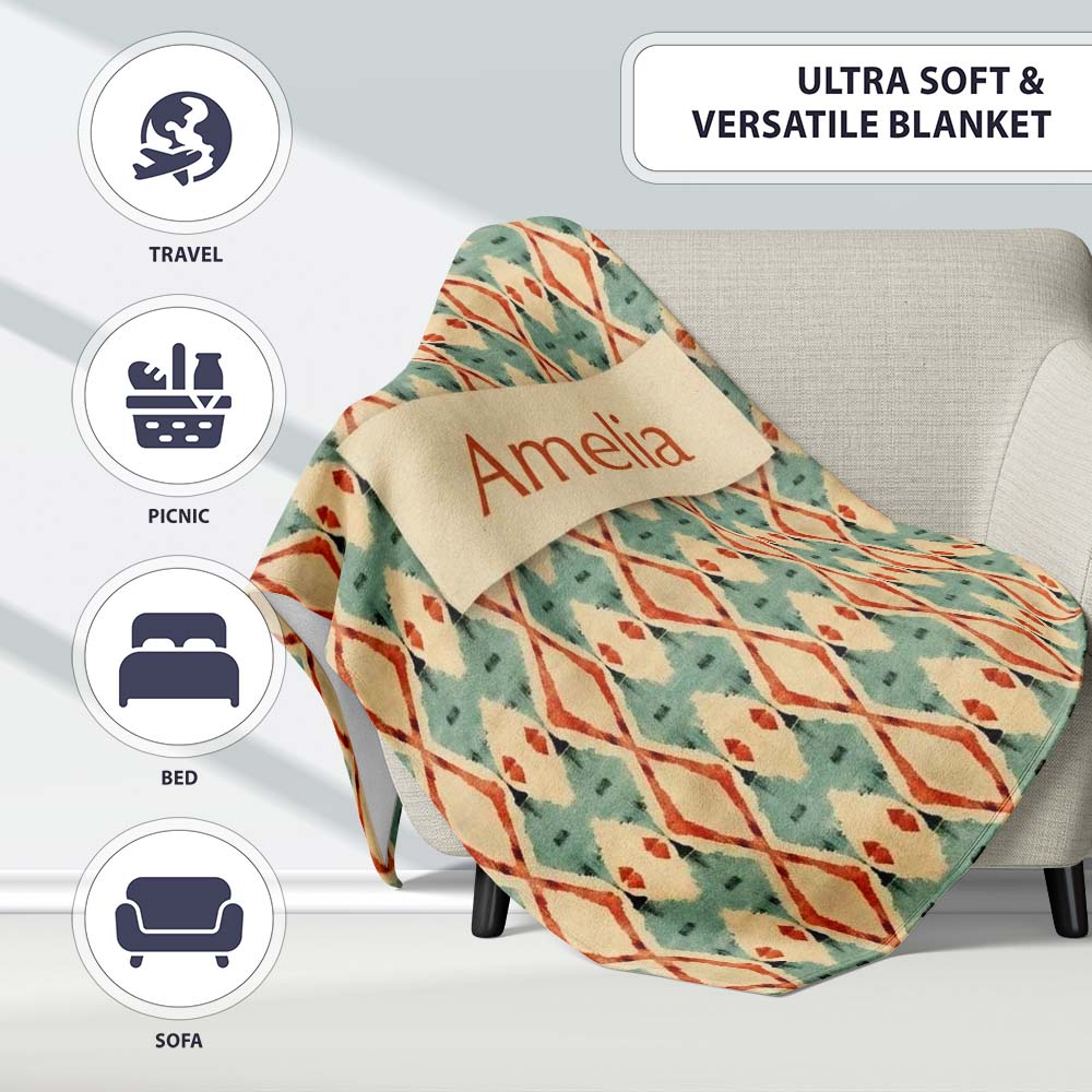 Tribal Ikat Diamond Red Green Beige Seamless Pattern Name Cute Personalised Custom Name Super Soft Fleece Blanket Bed Sofa Throw