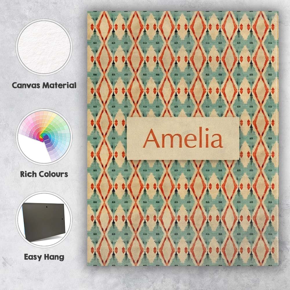 Personalised Name Tribal Ikat Diamond Red Custom Unique Gift Idea Elegant Feature Canvas Wall Art Print Decor Picture Ready to Hang