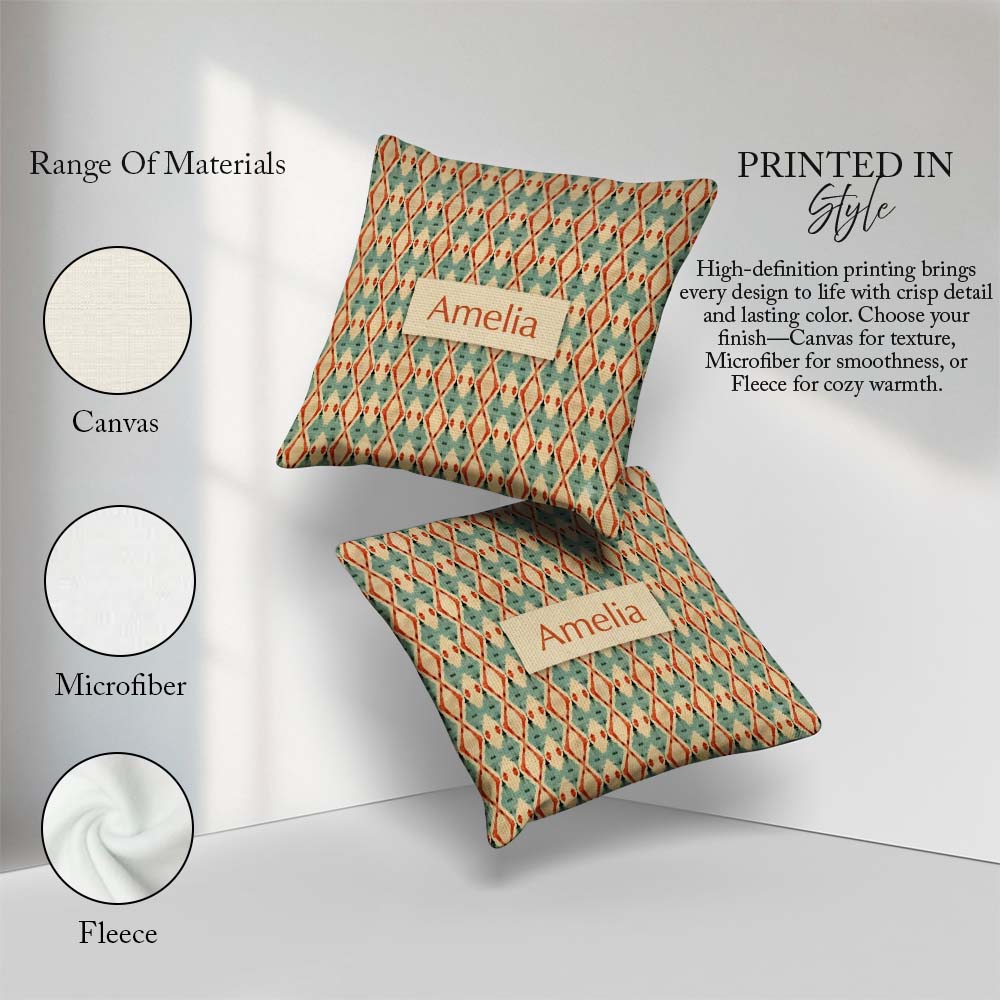 Custom Name Tribal Ikat Diamond Red Green Beige Seamless Pattern Square Filled Cushion Throw Pillow Sofa Bed Home Decor Zip Washable UK Made