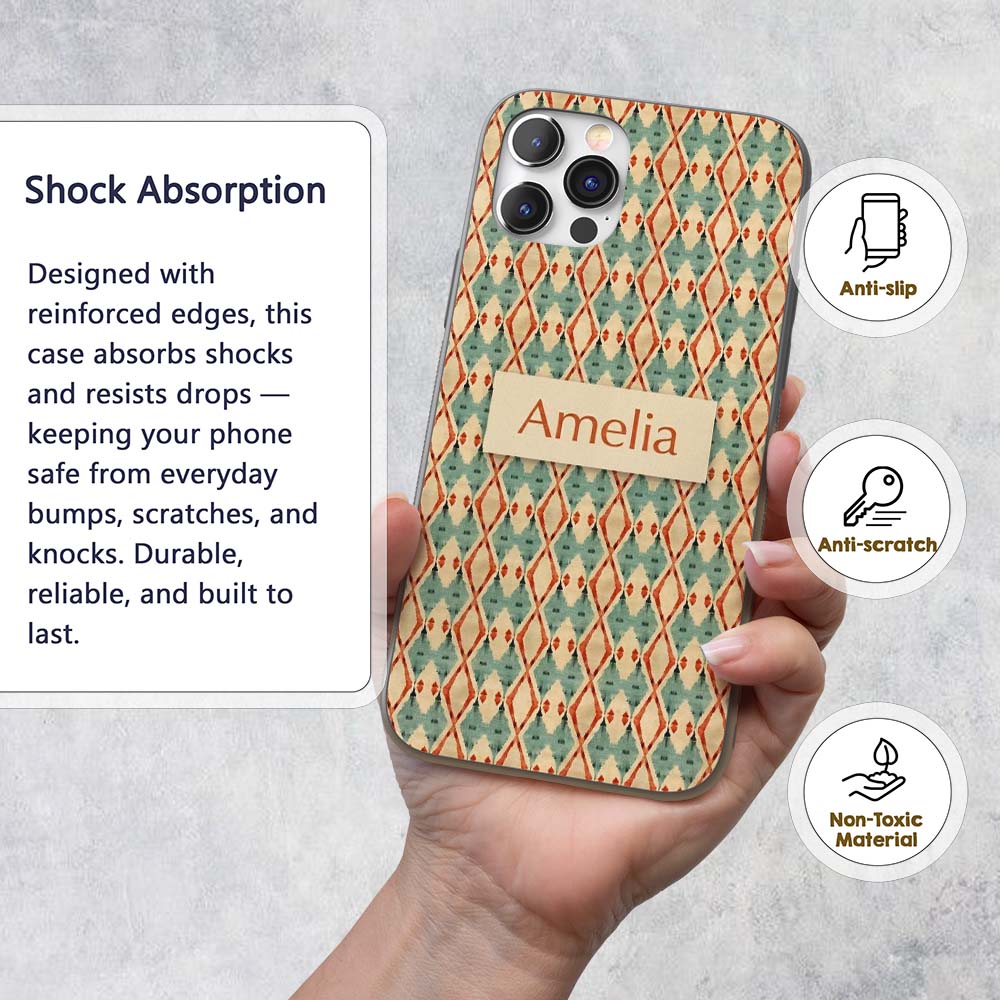 Tribal Ikat Diamond Red Green Beige Seamless Custom Name Protective Phone Case Mobile Cover Durable Everyday Smartphone Shock Resistant
