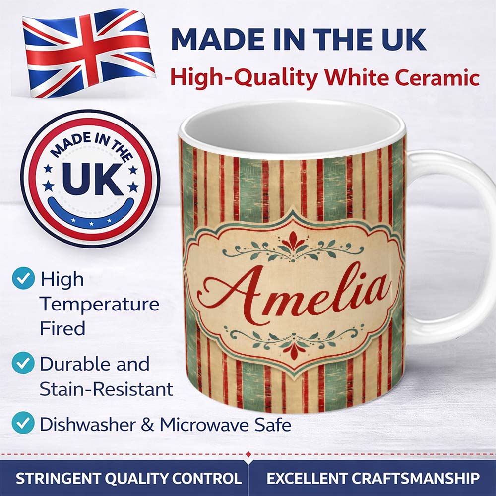 Personalized Custom Name Rustic Distressed Stripe Red Green Vintage Seamless Pattern Name 11oz Ceramic Coffee Tea Mug White Large Handle