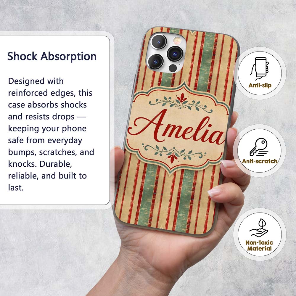 Rustic Distressed Stripe Red Green Printed Design Custom Name Protective Phone Case Mobile Cover Durable Everyday Smartphone Shock Resistant