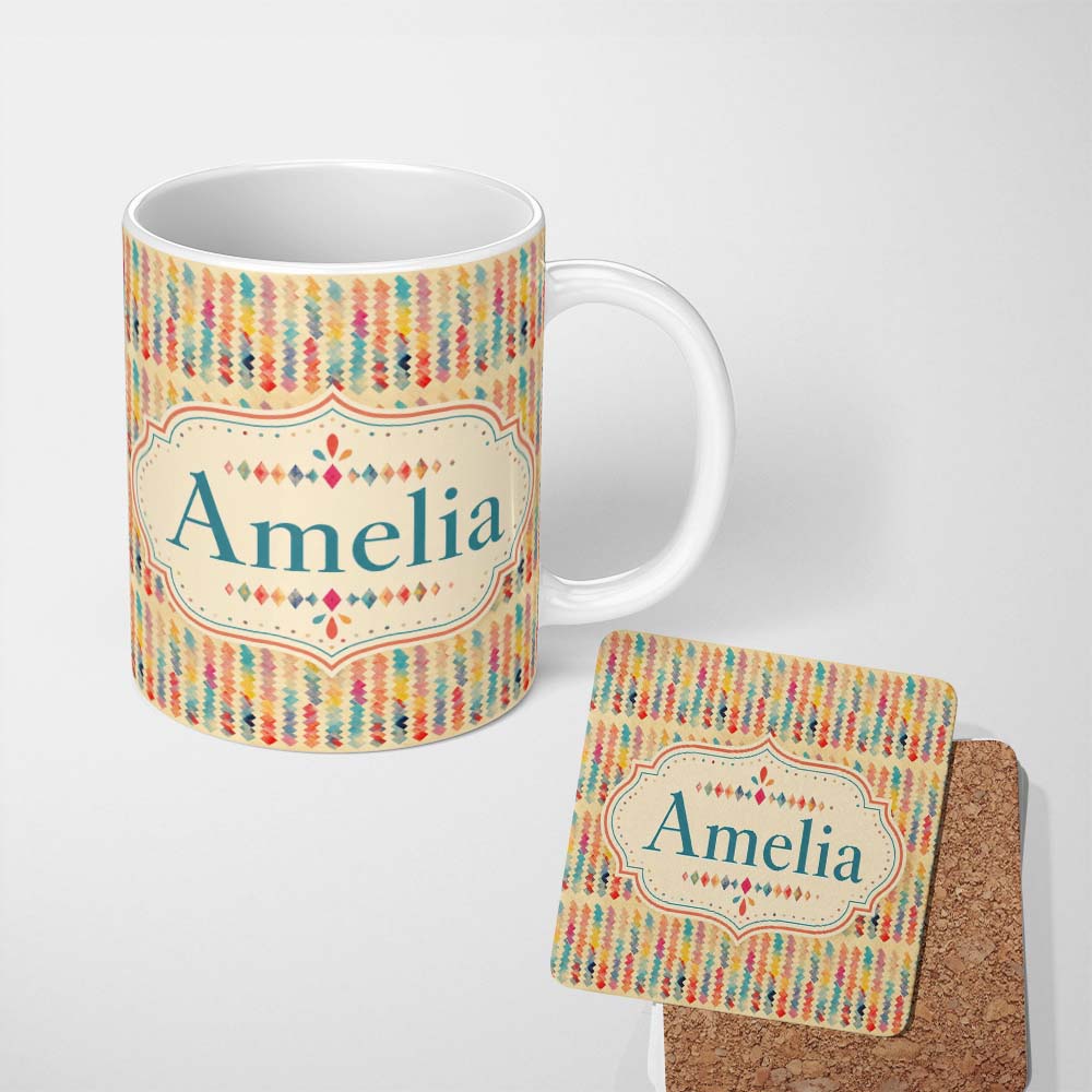 Personalized Custom Name Abstract Colorful Brushstroke Zigzag Seamless Pattern Name Cute 11oz Ceramic Coffee Tea Mug White Large Handle