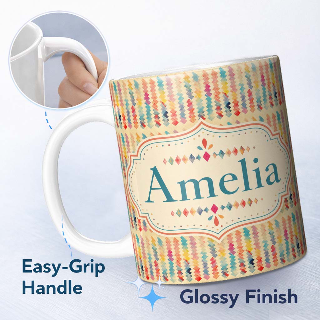 Personalized Custom Name Abstract Colorful Brushstroke Zigzag Seamless Pattern Name Cute 11oz Ceramic Coffee Tea Mug White Large Handle