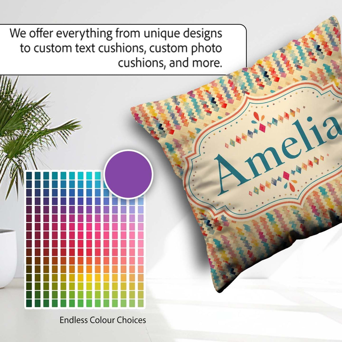 Custom Name Abstract Colorful Zigzag Seamless Pattern Name Cute Square Filled Cushion Throw Pillow Sofa Bed Home Decor Zip Washable UK Made