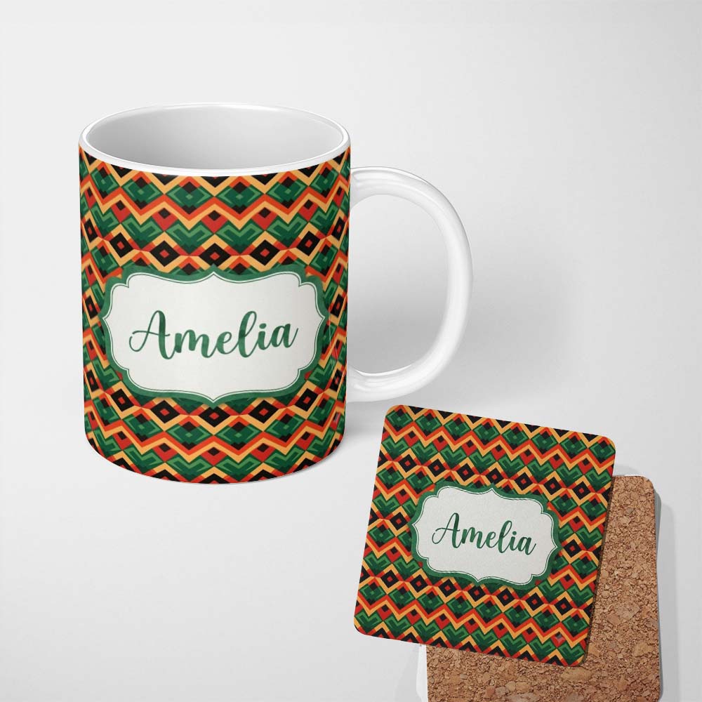 Personalized Custom Name Bold Geometric Tribal Diamond Red Green Seamless Pattern Name Cute 11oz Ceramic Coffee Tea Mug White Large Handle