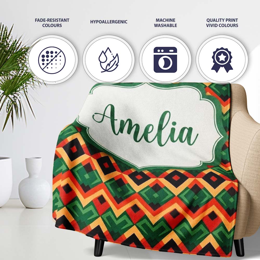Bold Geometric Tribal Diamond Red Green Seamless Pattern Name Cute Personalised Custom Name Super Soft Fleece Blanket Bed Sofa Throw