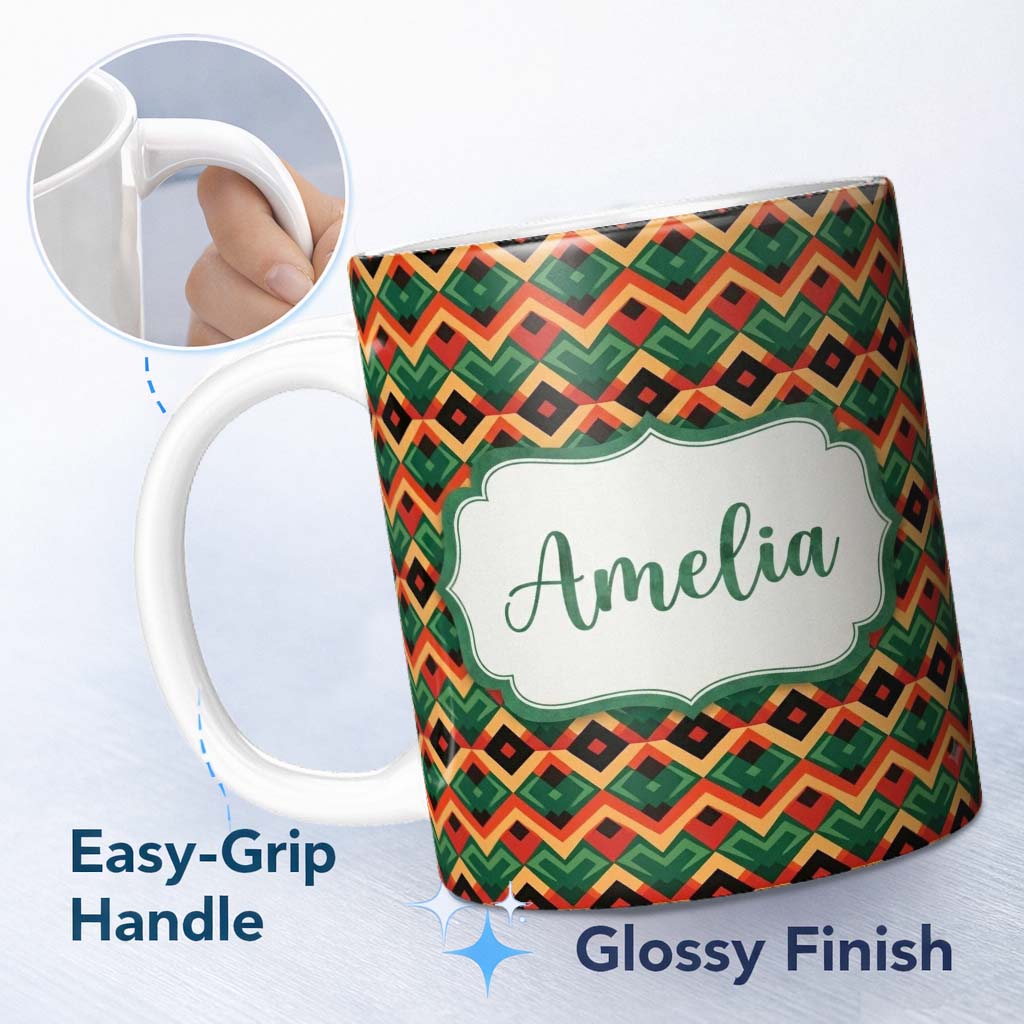 Personalized Custom Name Bold Geometric Tribal Diamond Red Green Seamless Pattern Name Cute 11oz Ceramic Coffee Tea Mug White Large Handle