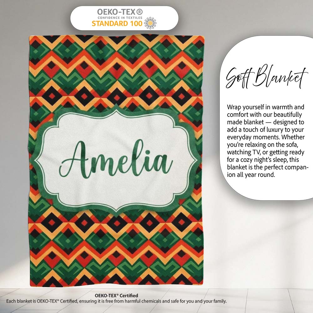 Bold Geometric Tribal Diamond Red Green Seamless Pattern Name Cute Personalised Custom Name Super Soft Fleece Blanket Bed Sofa Throw