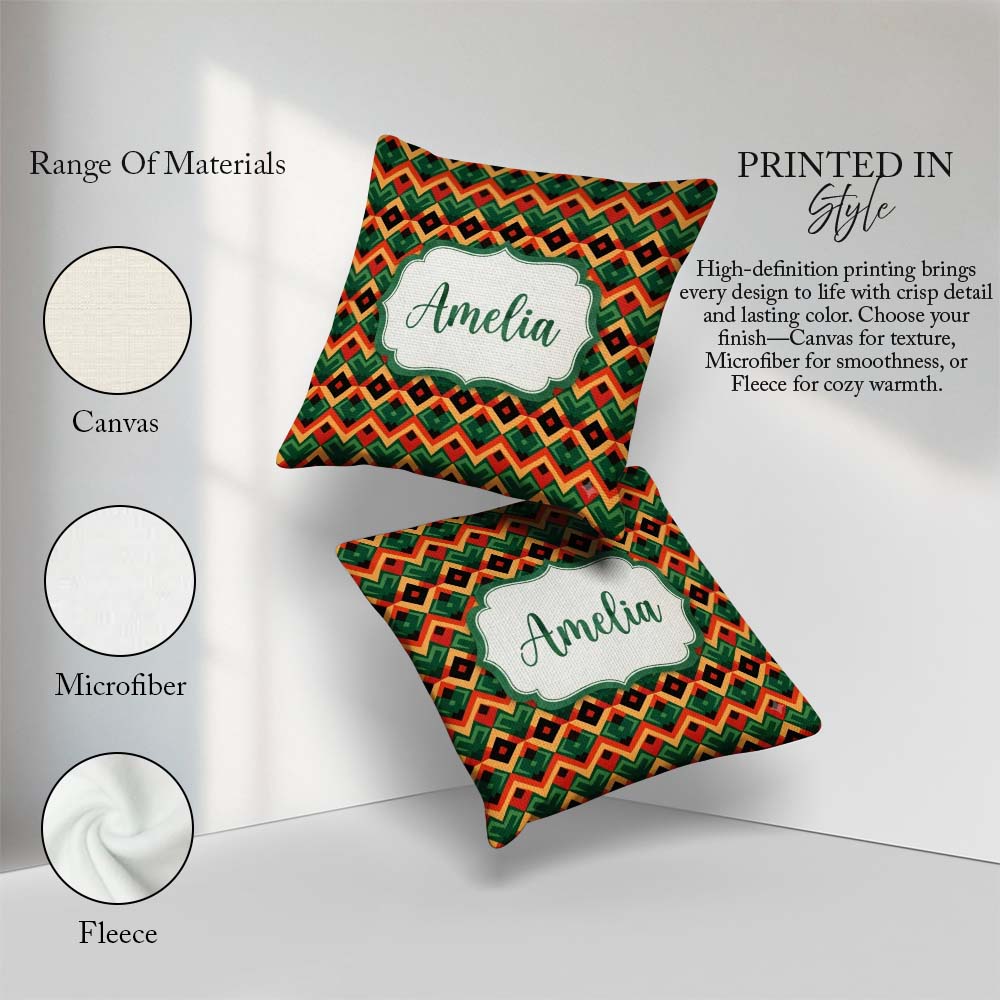 Custom Name Bold Geometric Tribal Diamond Red Green Pattern Name Square Filled Cushion Throw Pillow Sofa Bed Home Decor Zip Washable UK Made