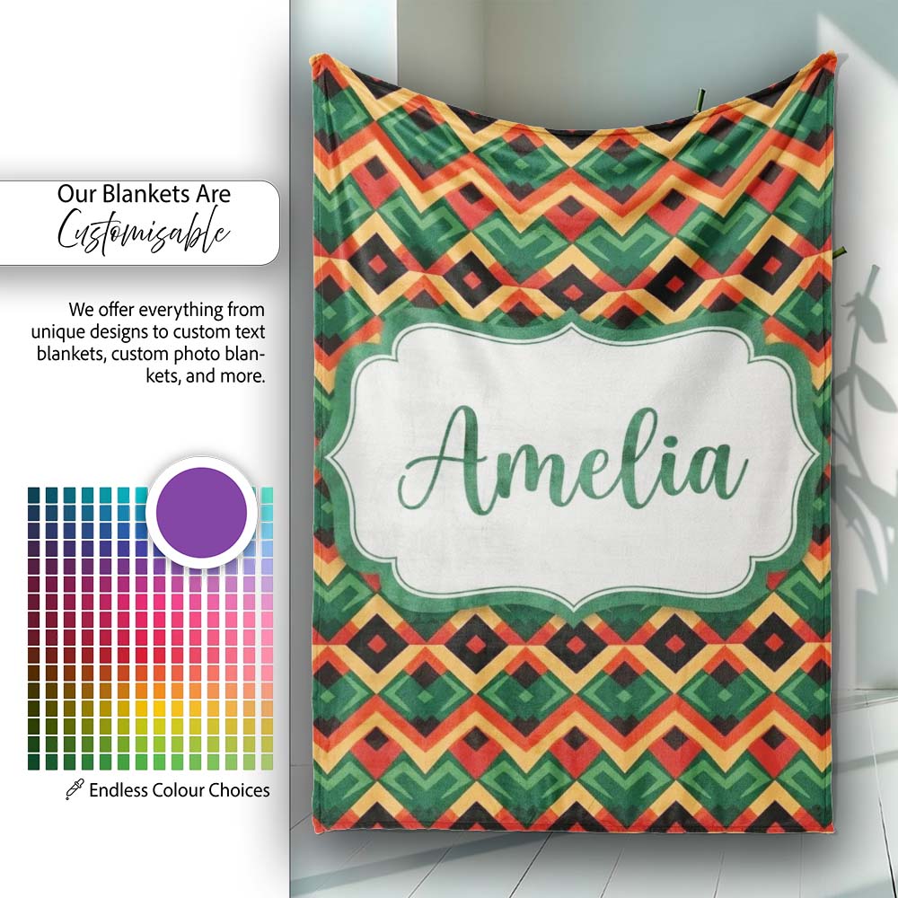 Bold Geometric Tribal Diamond Red Green Seamless Pattern Name Cute Personalised Custom Name Super Soft Fleece Blanket Bed Sofa Throw