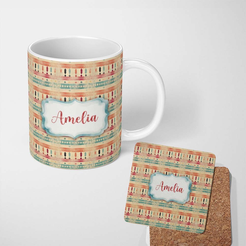 Personalized Custom Name Rustic Aztec Stripe Ethnic Distressed Seamless Pattern Name Cute 11oz Ceramic Coffee Tea Mug White Large Handle