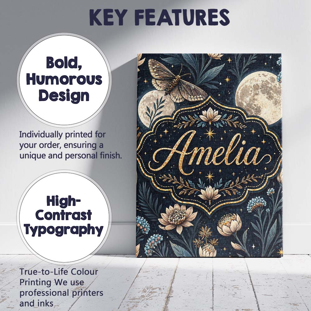 Personalised Name Celestial Moth Full Moon Floral Night Seamless Custom Interior Canvas Wall Art Print Decor Picture Ready to Hang