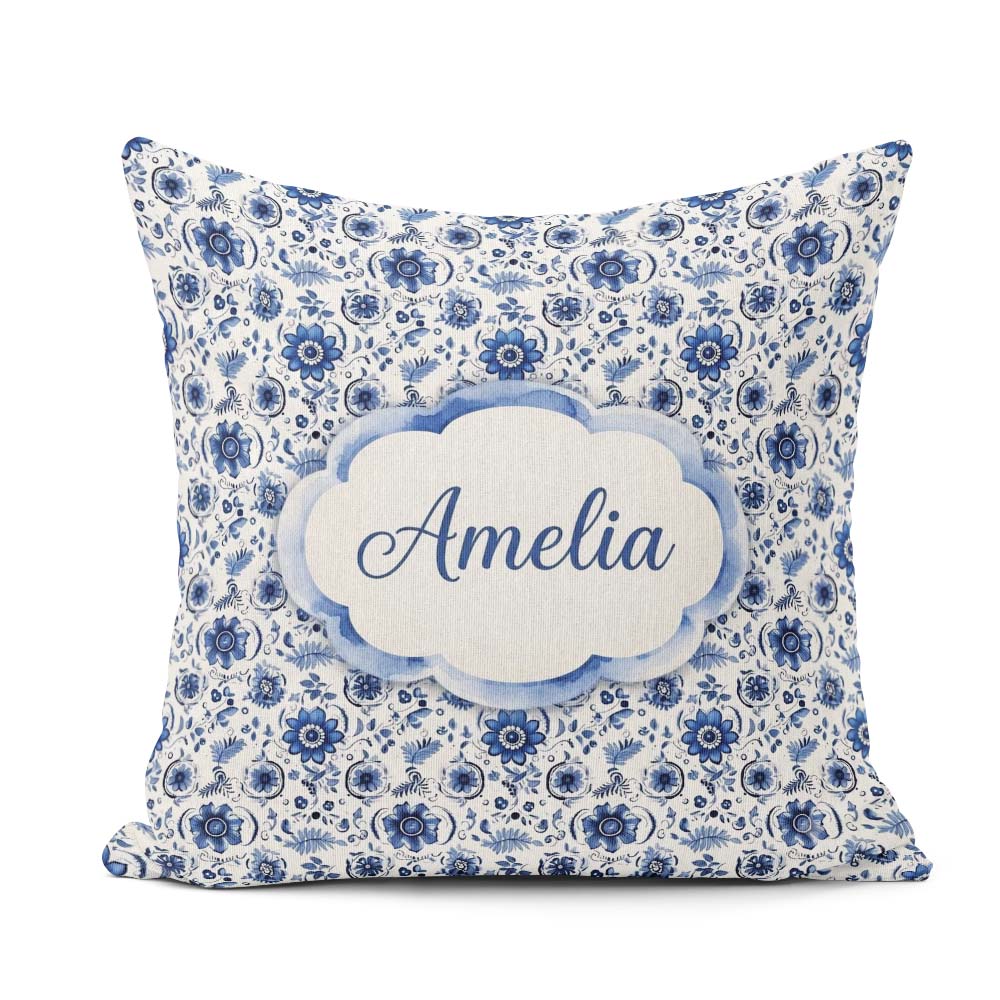 Custom Name Blue Floral Folk Art Botanical Seamless Pattern Name Square Filled Cushion Throw Pillow Sofa Bed Home Decor Zip Washable UK Made