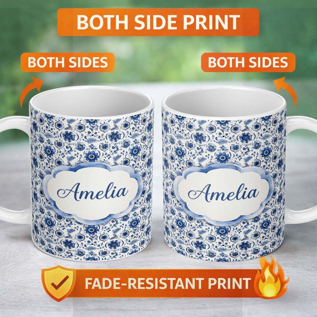 Personalized Custom Name Blue Floral Folk Art Botanical Seamless Pattern Name Cute Unique 11oz Ceramic Coffee Tea Mug White Large Handle