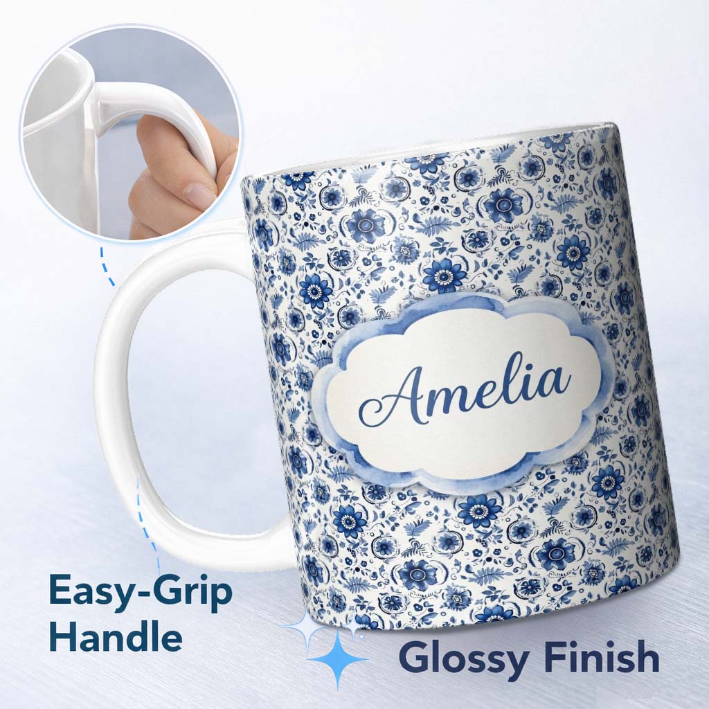 Personalized Custom Name Blue Floral Folk Art Botanical Seamless Pattern Name Cute Unique 11oz Ceramic Coffee Tea Mug White Large Handle