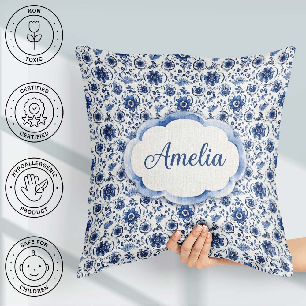 Custom Name Blue Floral Folk Art Botanical Seamless Pattern Name Square Filled Cushion Throw Pillow Sofa Bed Home Decor Zip Washable UK Made