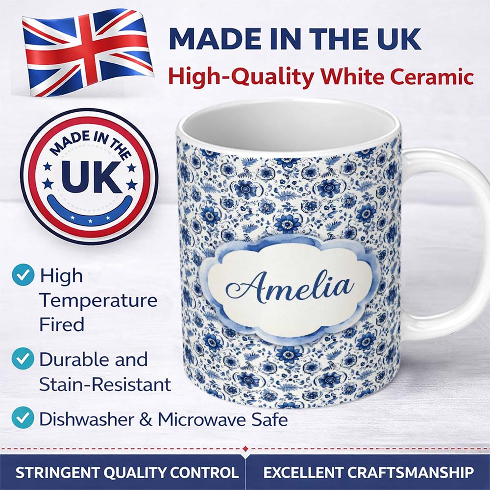 Personalized Custom Name Blue Floral Folk Art Botanical Seamless Pattern Name Cute Unique 11oz Ceramic Coffee Tea Mug White Large Handle