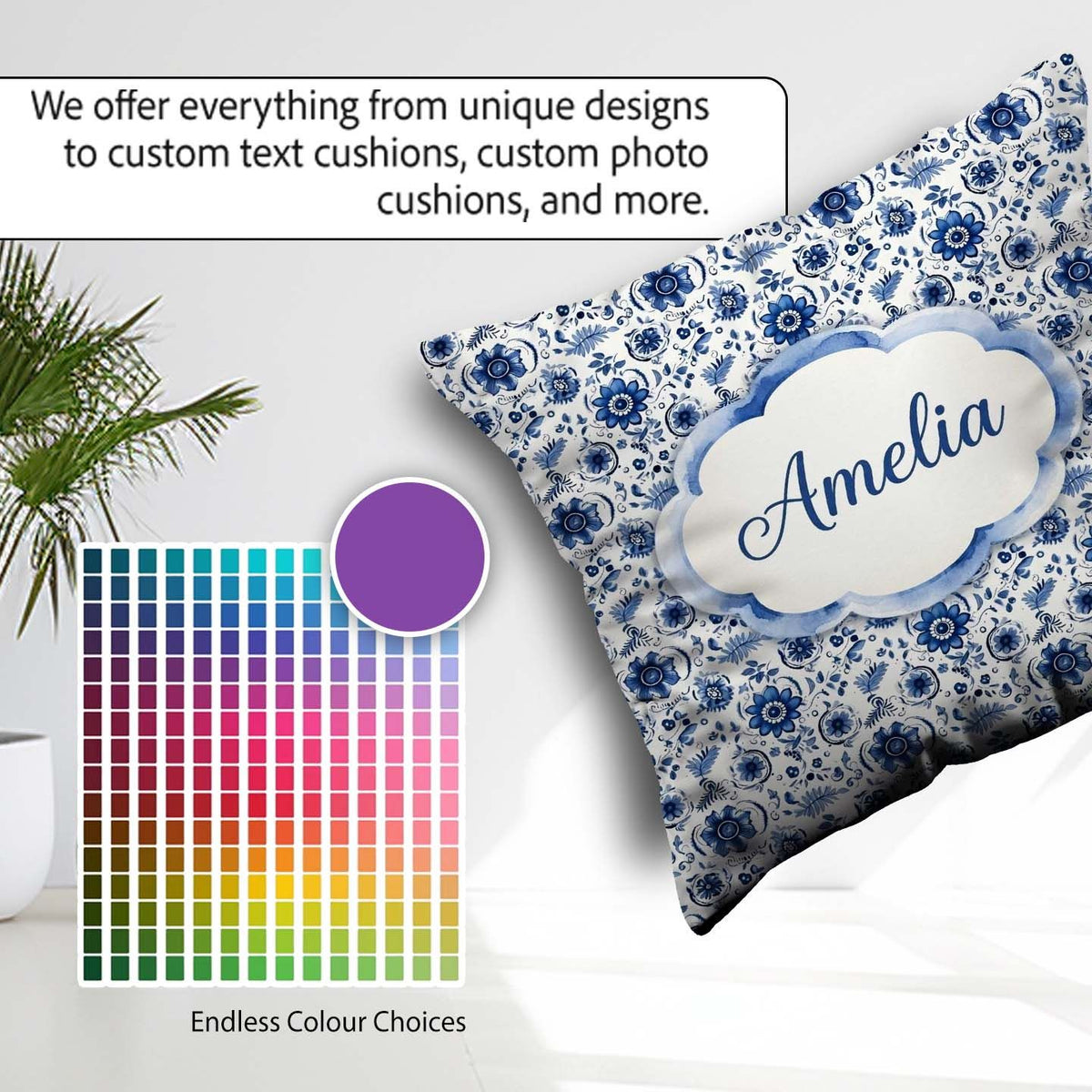 Custom Name Blue Floral Folk Art Botanical Seamless Pattern Name Square Filled Cushion Throw Pillow Sofa Bed Home Decor Zip Washable UK Made