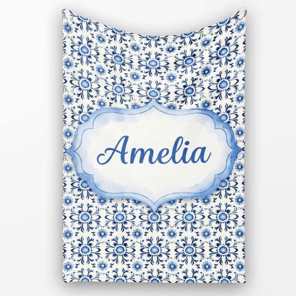 Blue Tile Floral Vintage Repeat Seamless Pattern Name Cute Unique Personalised Custom Name Super Soft Fleece Blanket Bed Sofa Throw