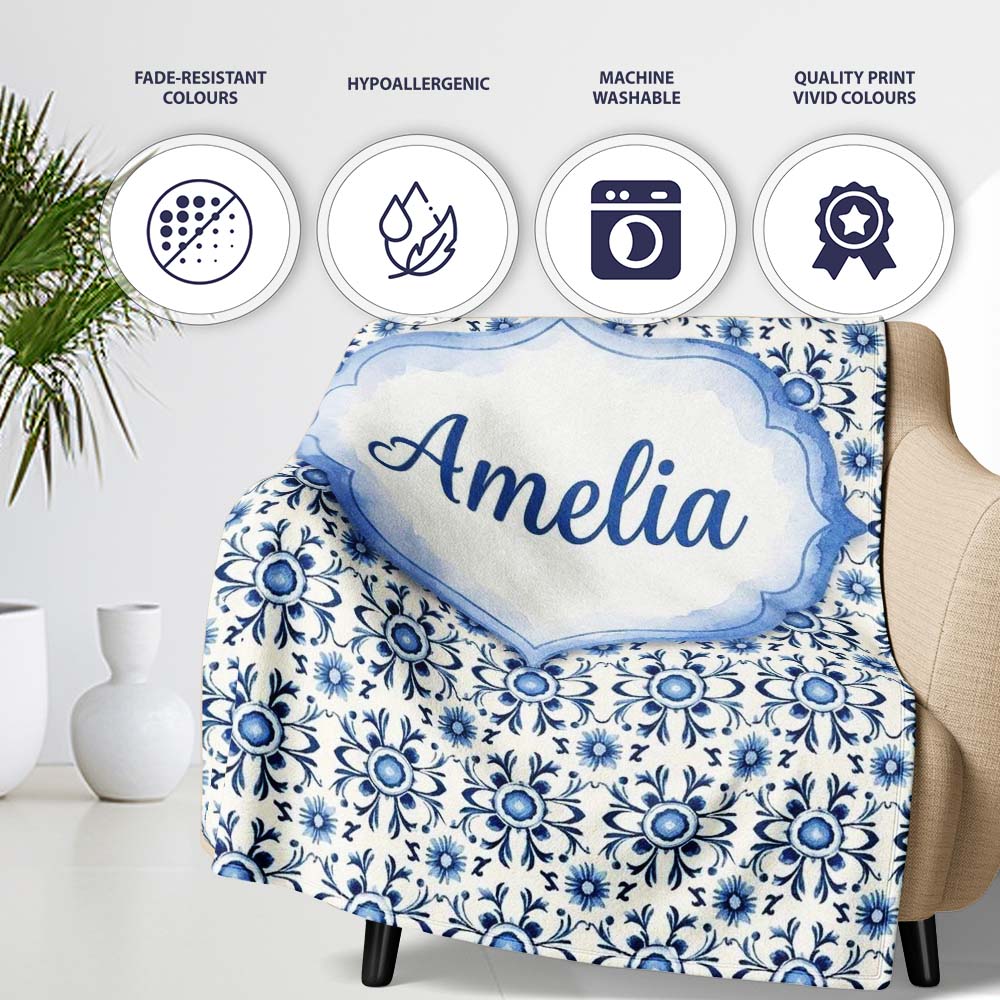 Blue Tile Floral Vintage Repeat Seamless Pattern Name Cute Unique Personalised Custom Name Super Soft Fleece Blanket Bed Sofa Throw