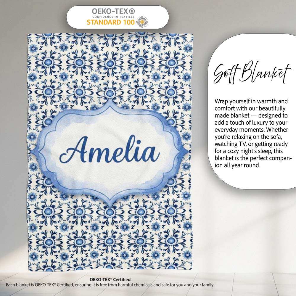 Blue Tile Floral Vintage Repeat Seamless Pattern Name Cute Unique Personalised Custom Name Super Soft Fleece Blanket Bed Sofa Throw