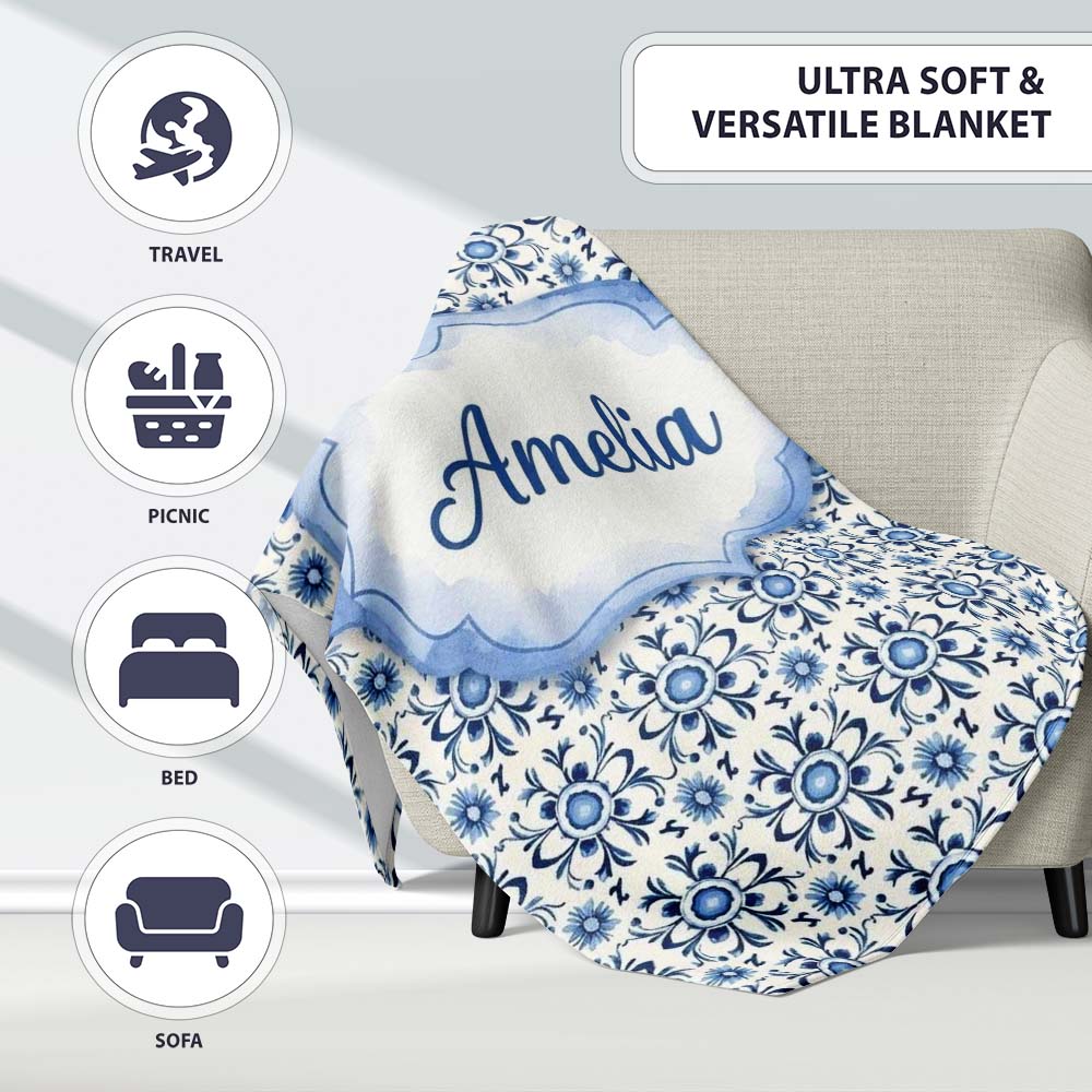 Blue Tile Floral Vintage Repeat Seamless Pattern Name Cute Unique Personalised Custom Name Super Soft Fleece Blanket Bed Sofa Throw