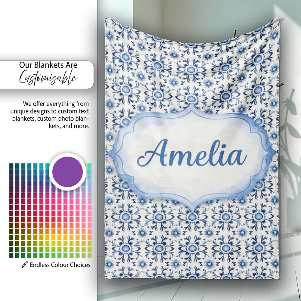Blue Tile Floral Vintage Repeat Seamless Pattern Name Cute Unique Personalised Custom Name Super Soft Fleece Blanket Bed Sofa Throw