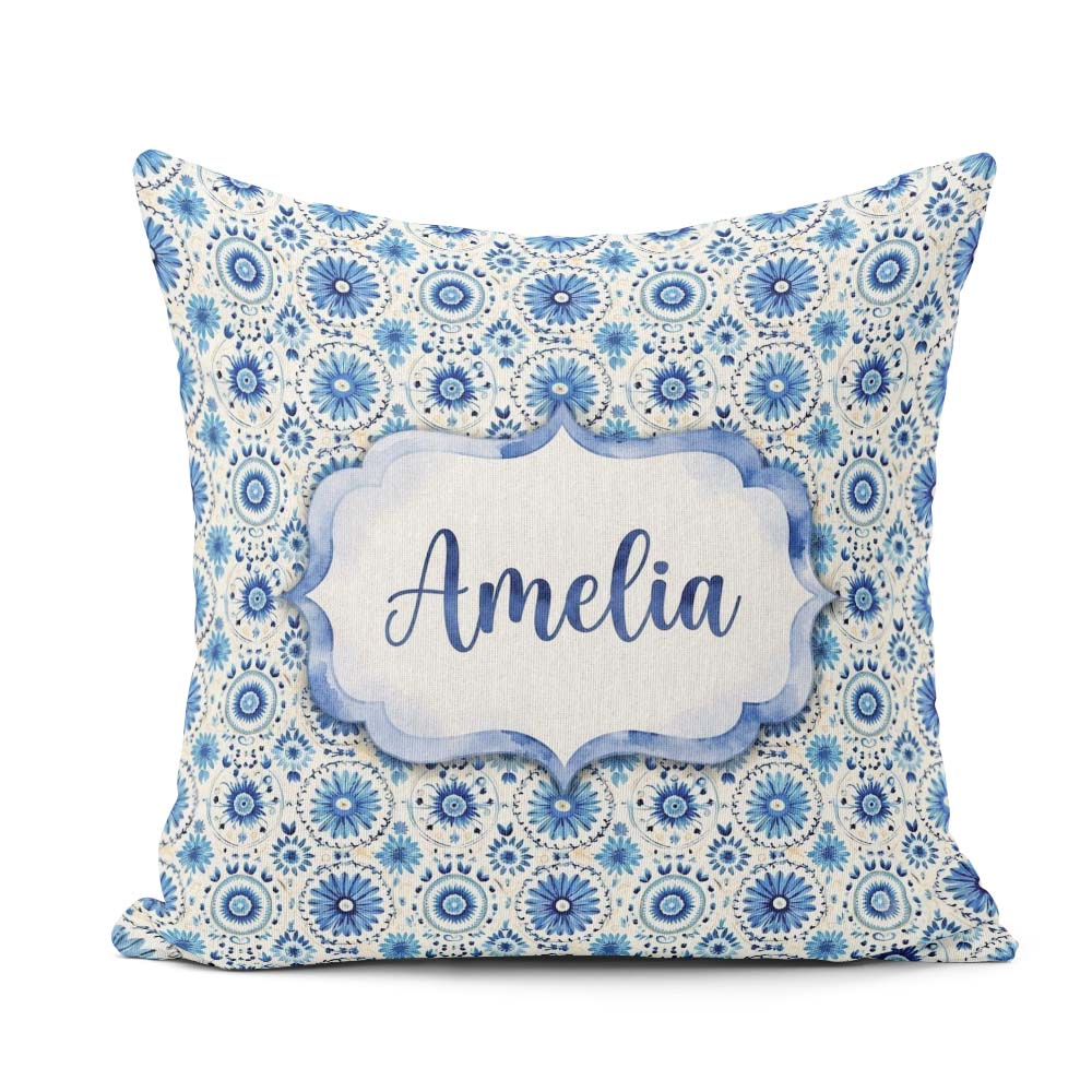Custom Name Blue Circular Floral Mandala Seamless Pattern Cute Square Filled Cushion Throw Pillow Sofa Bed Home Decor Zip Washable UK Made