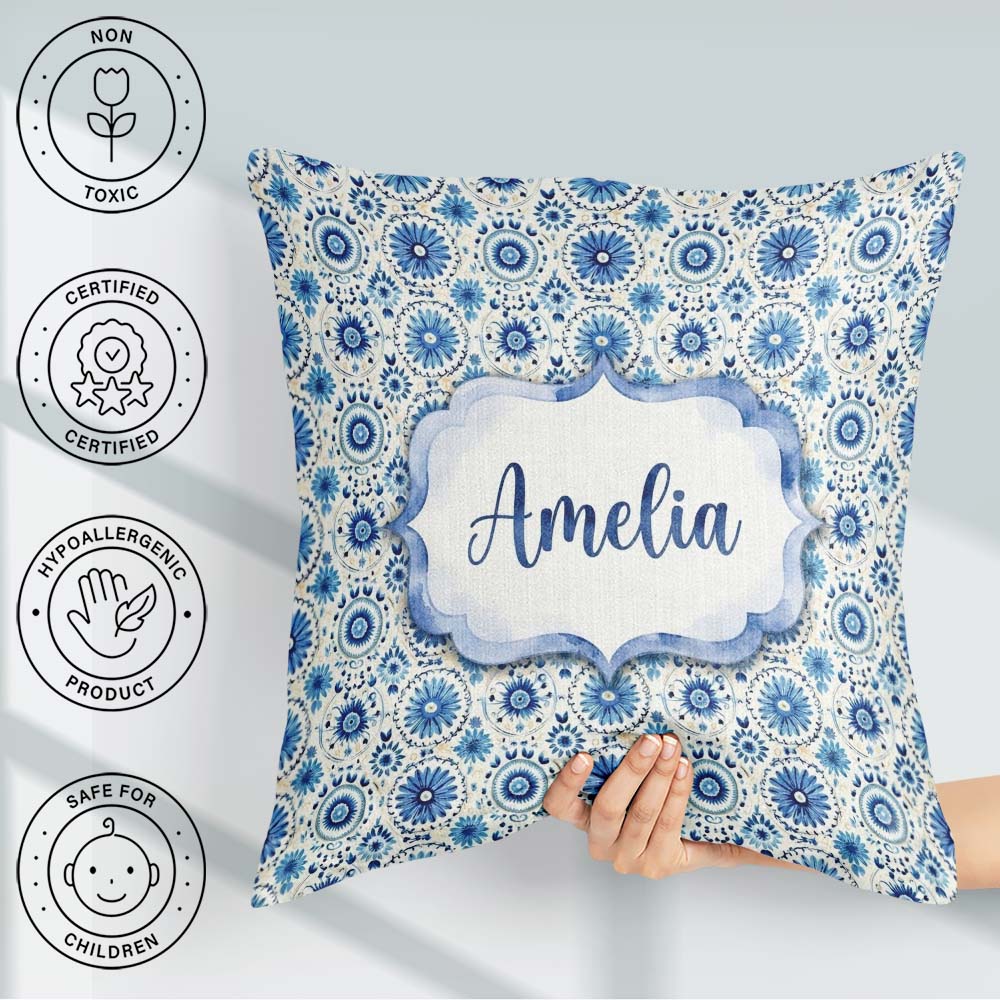 Custom Name Blue Circular Floral Mandala Seamless Pattern Cute Square Filled Cushion Throw Pillow Sofa Bed Home Decor Zip Washable UK Made