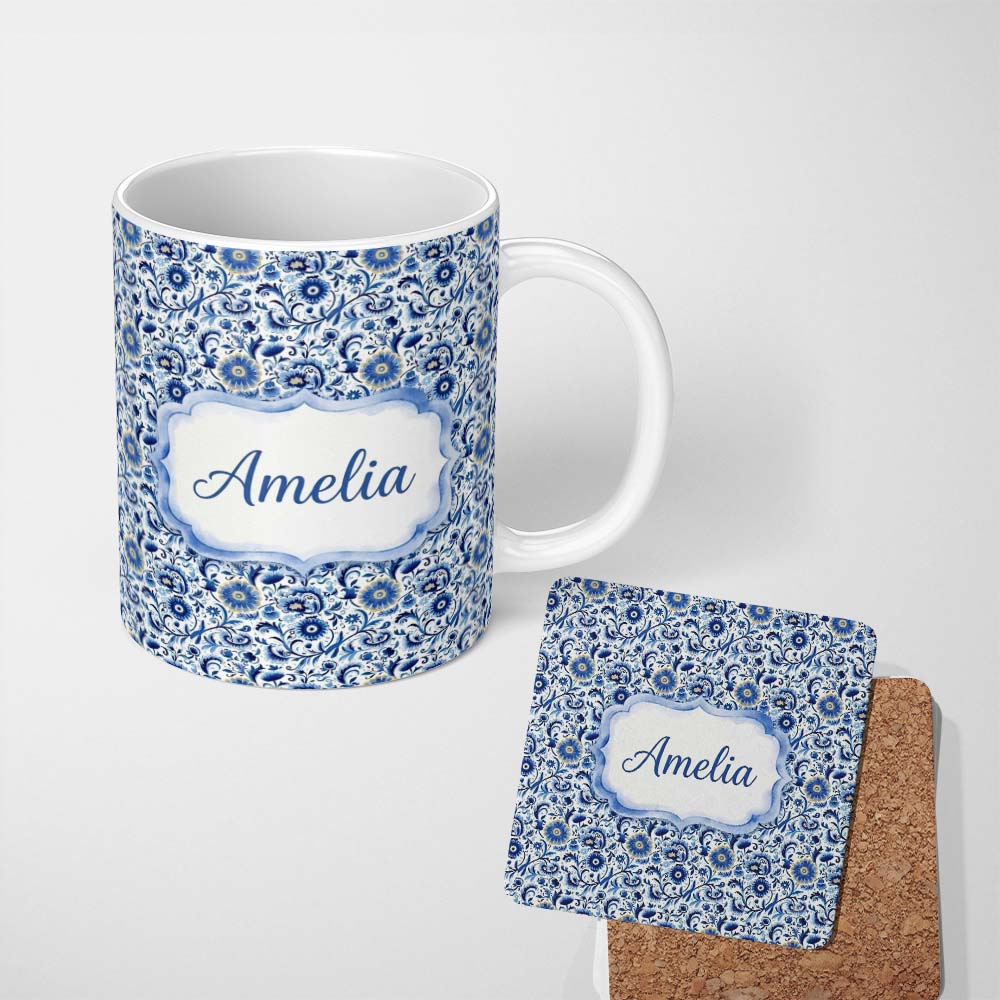 Personalized Custom Name Blue Floral Vintage Folk Art Seamless Pattern Custom Name Cute 11oz Ceramic Coffee Tea Mug White Large Handle