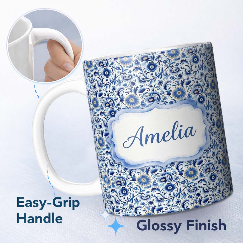 Personalized Custom Name Blue Floral Vintage Folk Art Seamless Pattern Custom Name Cute 11oz Ceramic Coffee Tea Mug White Large Handle