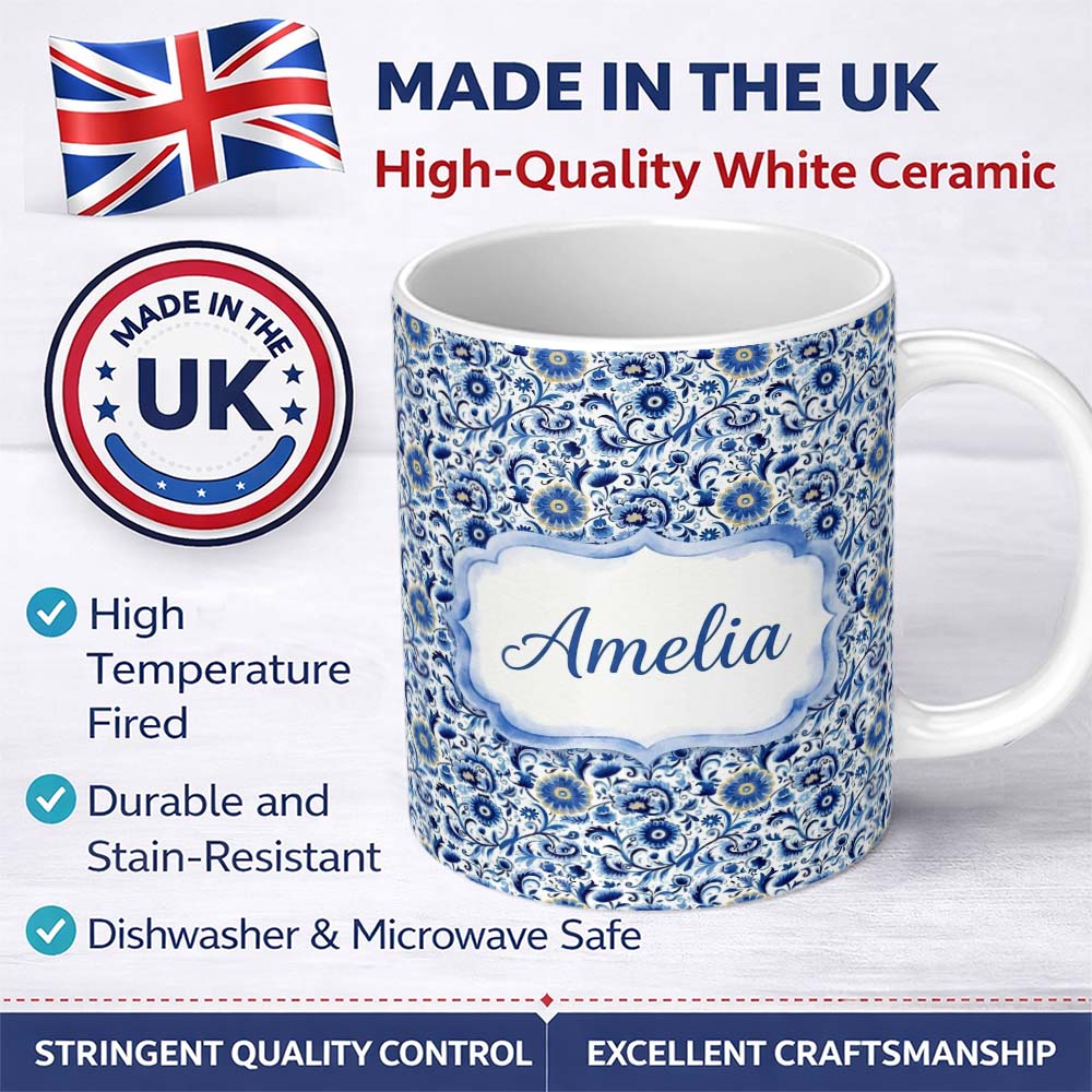 Personalized Custom Name Blue Floral Vintage Folk Art Seamless Pattern Custom Name Cute 11oz Ceramic Coffee Tea Mug White Large Handle