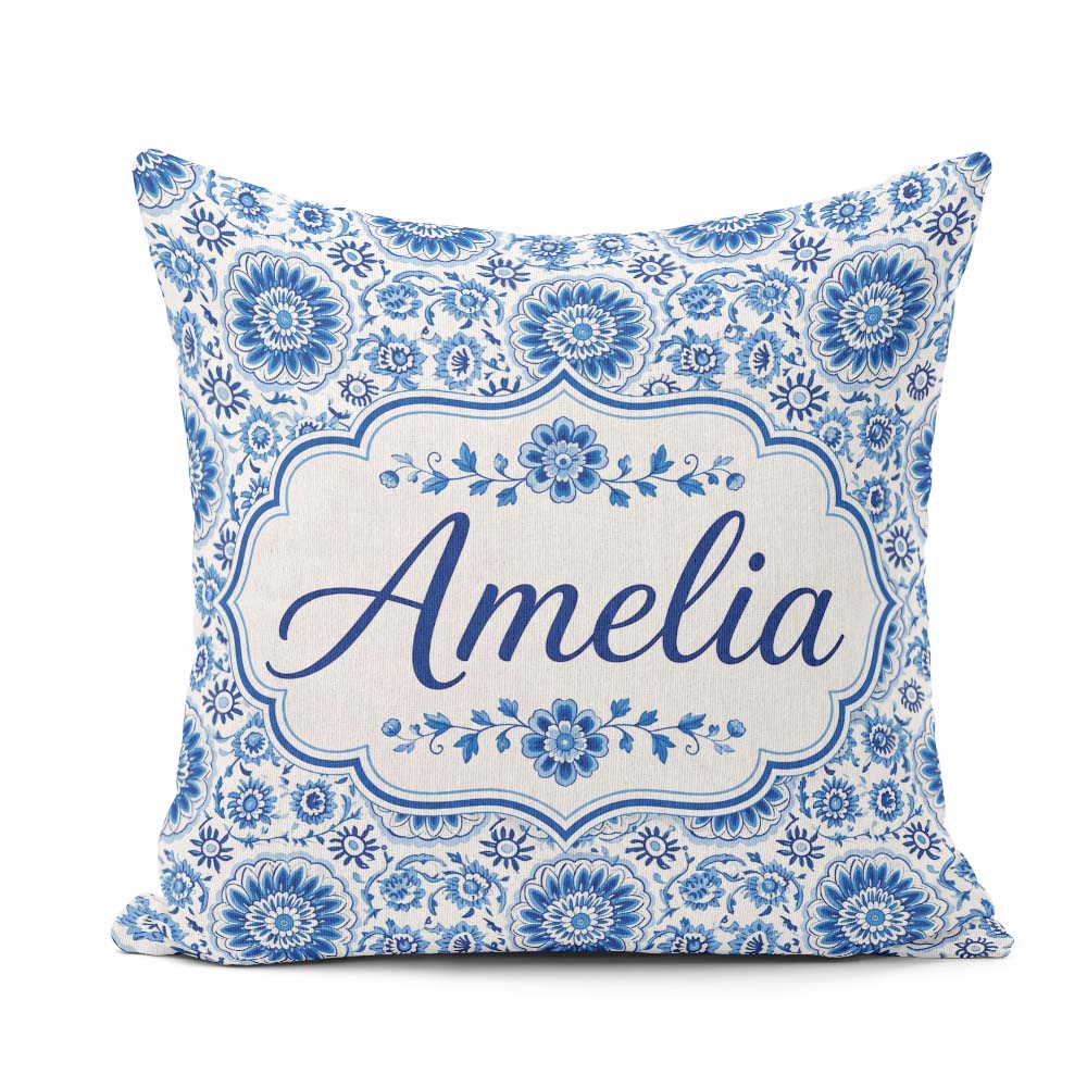 Custom Name Blue Daisy Floral Repeat Seamless Pattern Name Cute Square Filled Cushion Throw Pillow Sofa Bed Home Decor Zip Washable UK Made