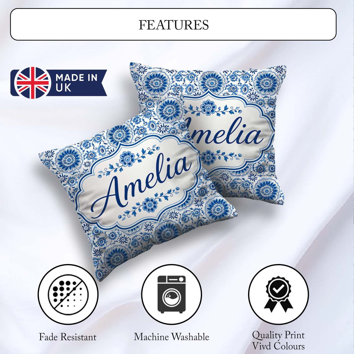 Custom Name Blue Daisy Floral Repeat Seamless Pattern Name Cute Square Filled Cushion Throw Pillow Sofa Bed Home Decor Zip Washable UK Made