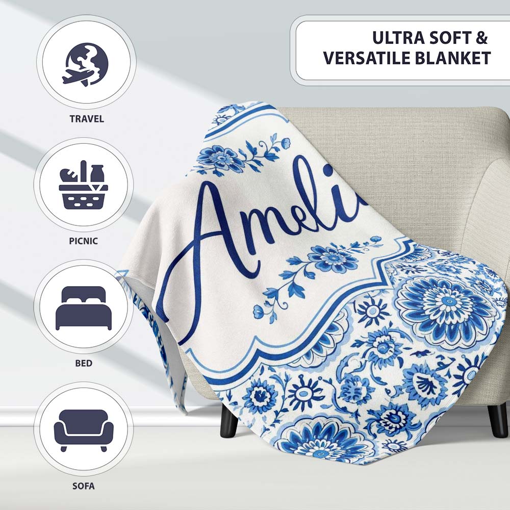 Blue Daisy Floral Repeat Seamless Pattern Name Cute Unique Gift Personalised Custom Name Super Soft Fleece Blanket Bed Sofa Throw