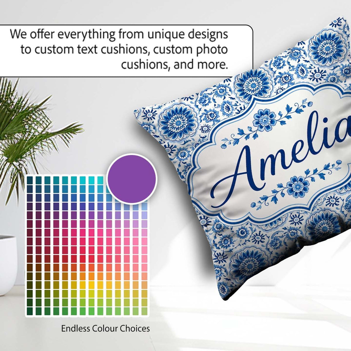 Custom Name Blue Daisy Floral Repeat Seamless Pattern Name Cute Square Filled Cushion Throw Pillow Sofa Bed Home Decor Zip Washable UK Made