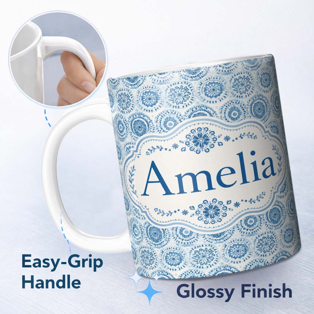 Personalized Custom Name Blue Mandala Medallion Tile Seamless Pattern Name Cute Unique Gift 11oz Ceramic Coffee Tea Mug White Large Handle