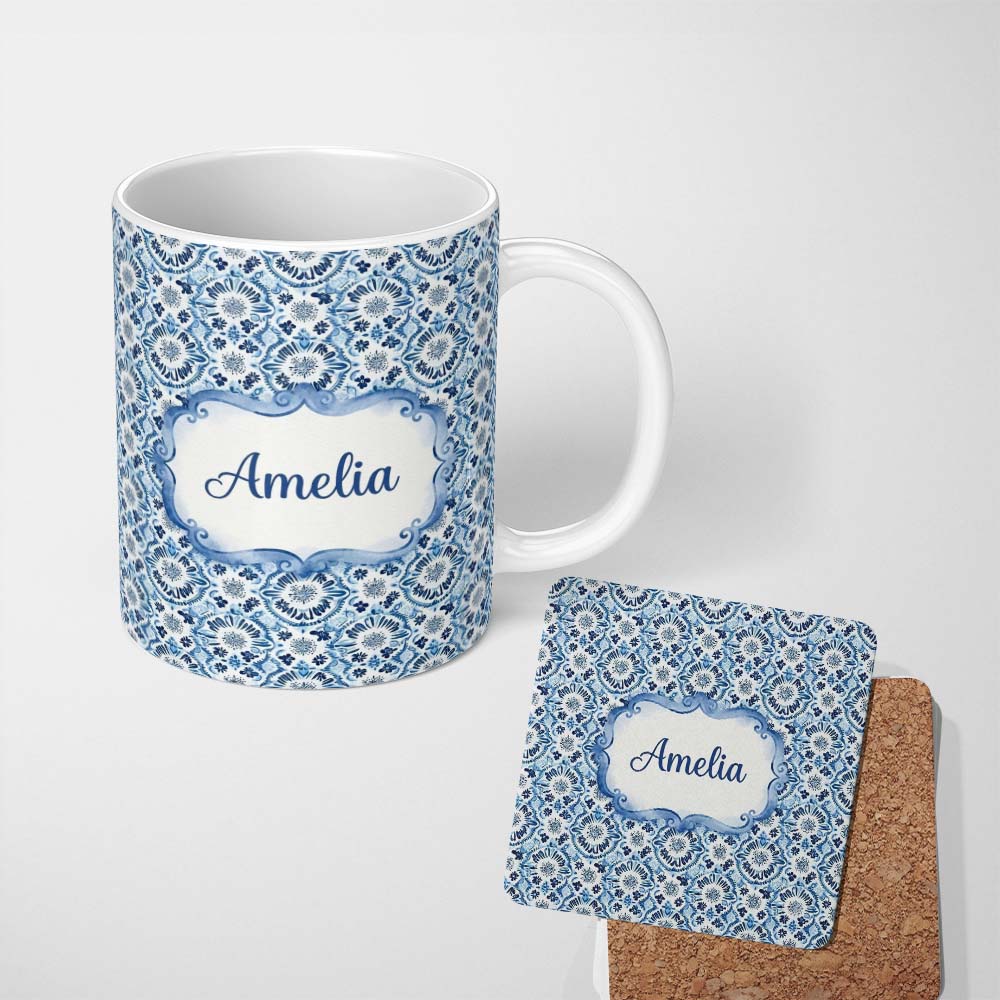 Personalized Custom Name Blue Floral Abstract Botanical Seamless Pattern Name Cute Unique 11oz Ceramic Coffee Tea Mug White Large Handle