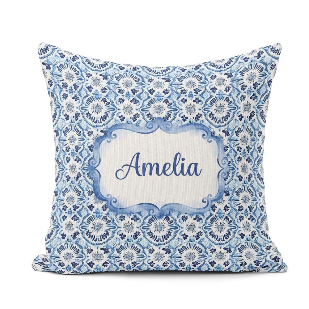Custom Name Blue Floral Abstract Botanical Seamless Pattern Name Square Filled Cushion Throw Pillow Sofa Bed Home Decor Zip Washable UK Made